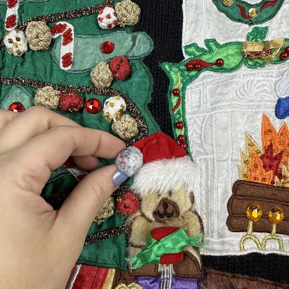 Vtg Ugly Christmas Sweater Womens Small 3D Tree Fireplace Dog Bear Gifts Holiday - Picture 4 of 13